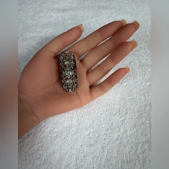 Boho Silver Tone Filigree Full Finger Ring with Rhinestones - Picture 6 of 12